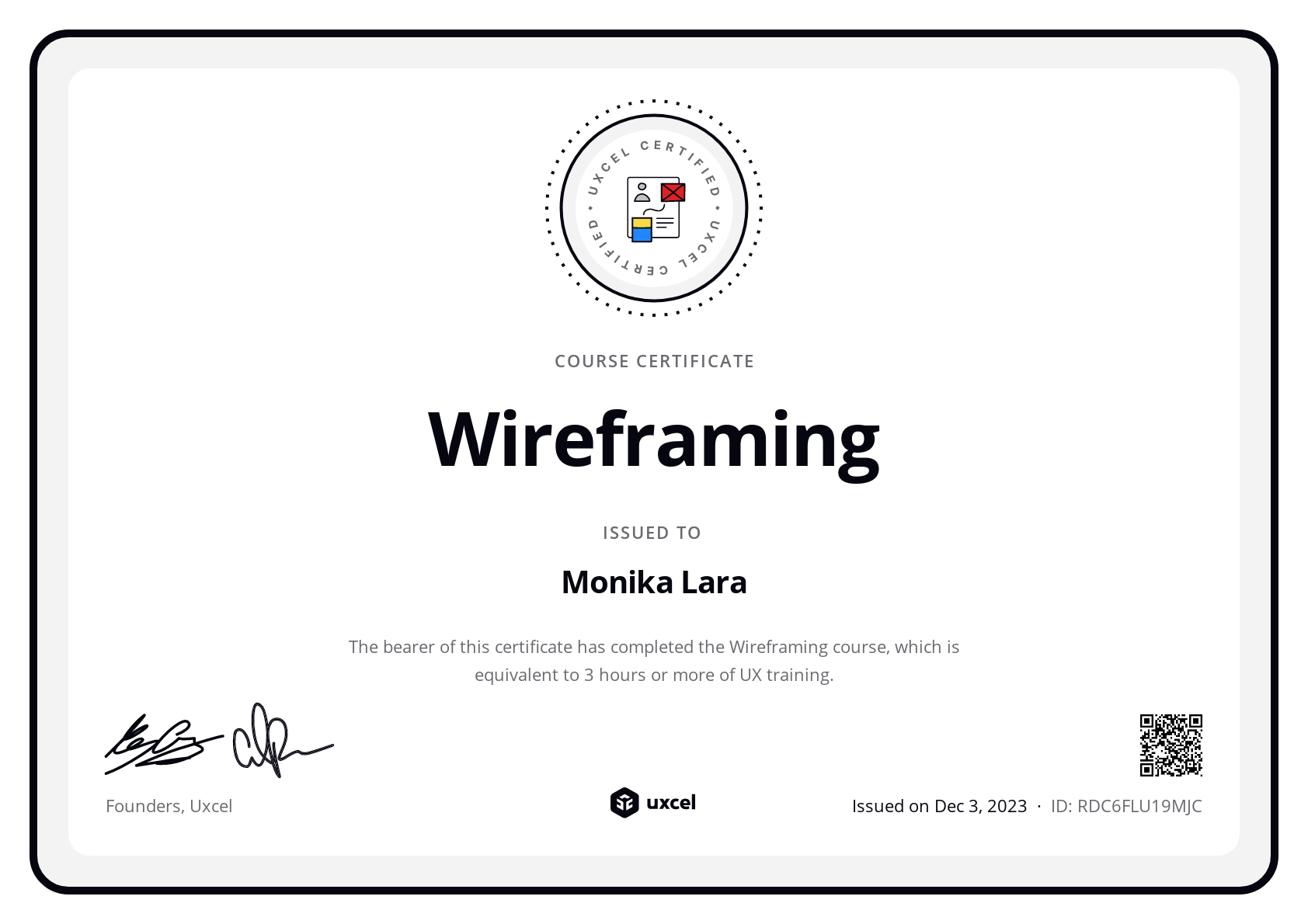 Monika Lara's certificate